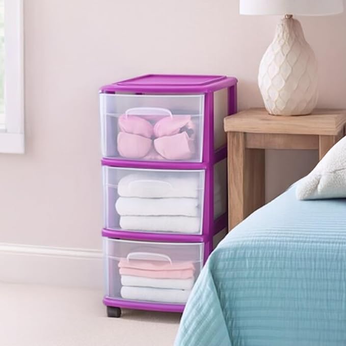 HOMZ Drawer Tower, 3-Tier Clear Plastic Storage Organizer Cart, Purple Frame - Rolling Drawer Containers with Wheels for Bathroom, Bedroom, Office, and Classroom Organization
