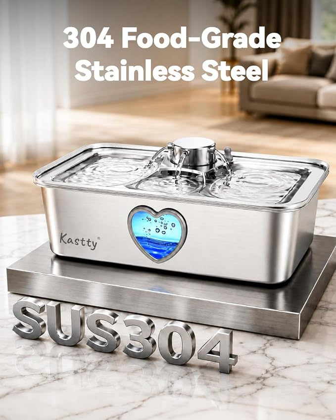 Kastty 4.5Gal/17L Stainless Steel Dog Water Fountain for Pets, Inside, FS87 | 6-Stage Filtration, Dual-Color LED, Visual Window, Large Medium & Multi-Pet