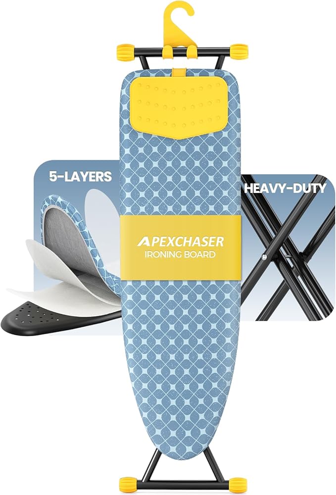 APEXCHASER Ironing Board with Iron Rest, Compact and Space Saver Iron Board, Extra Thick Cover, Height Adjustable, Wall Mount & Closet Hanger 13x43 Yellow