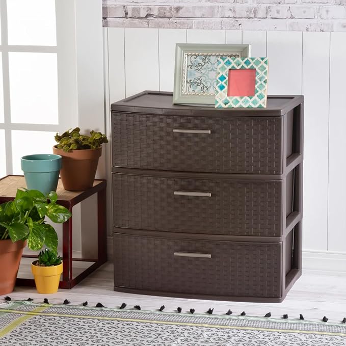 Sterilite 3 Pack 3 Drawer Wide Storage Tower, Weave Organizer, Espresso | Lightweight Opaque Home Storage Container for Bedrooms, Closets, or Bathrooms