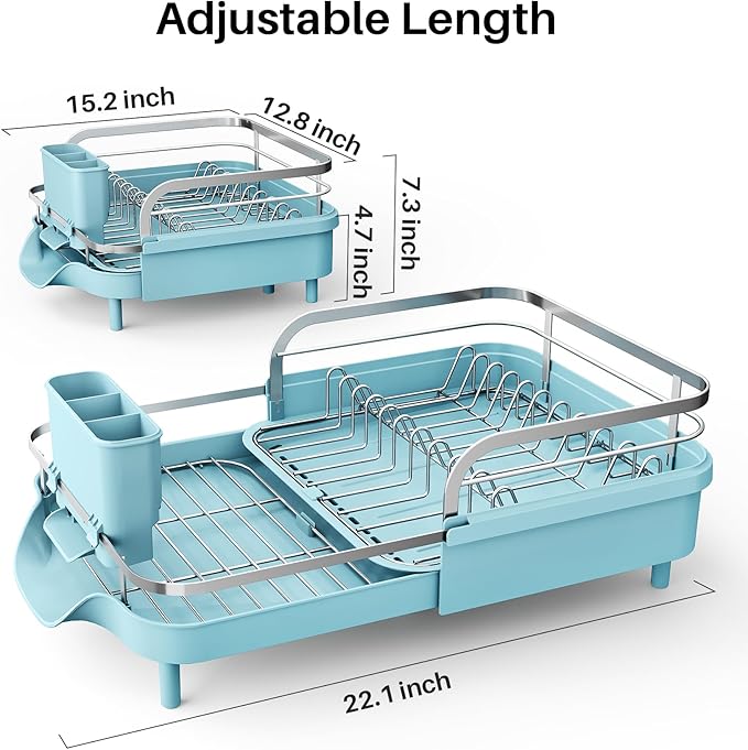 SNTD Dish Drying Rack, Expandable Dish Rack for Kitchen Counter, Stainless Steel Dish Drainer with Drainboard Set and Utensil Holder (Blue)