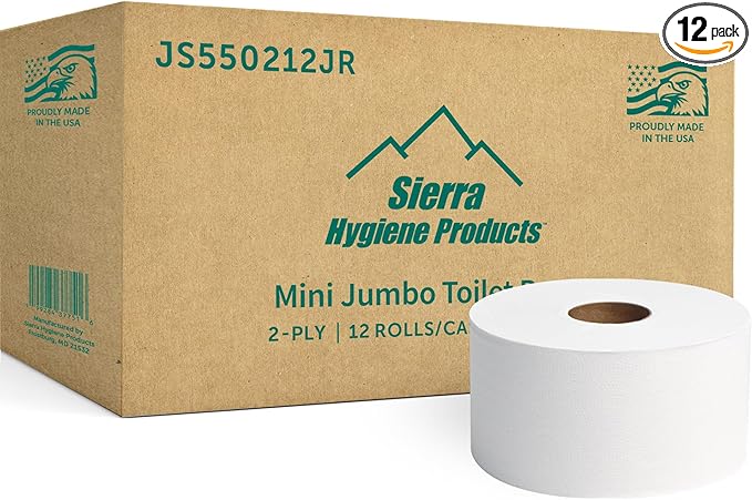 Sierra Hygiene Mini Jumbo (Small Core) 3.9" x 550’ 2-Ply Toilet Paper Roll with 7” Diameter – 12/Case - Compatible ONLY with Sierra Hygiene Dispensers