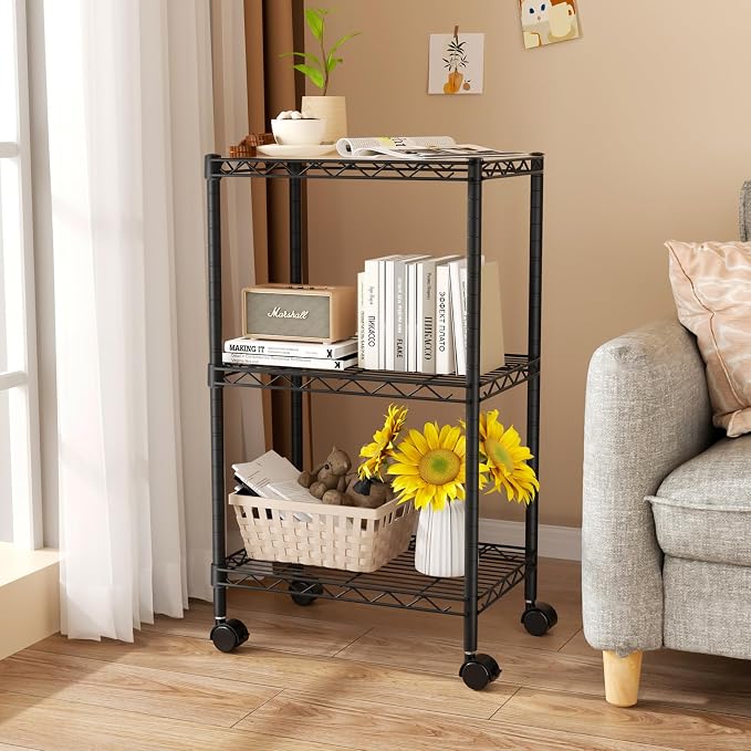Golpart Small 3 Tier Shelves Storage Wire Shelving Unit Metal Shelf Adjustable Organizers Storage Shelving with Wheels for Bathroom Laundry Room Kitchen Pantry11.7”D x 17.7”W x 30.7”H Black