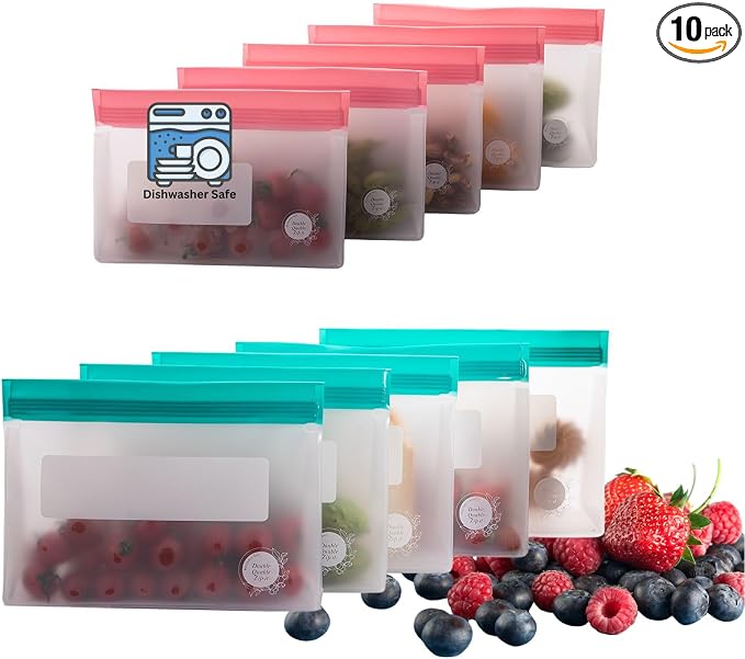 Reusable Food Storage Bags – 10-Pack Stand-Up, BPA-Free, Freezer, Dishwasher Safe, & Eco-Friendly– 5 L, 5 M Bags – Airtight Leakproof Sandwich, Snack, Travel & Make-Up baggies (Multicolor)
