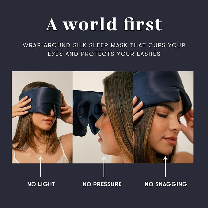 DROWSY Eyelash Protecting Silk Sleep Mask for Natural Lashes & Extensions. Deep Eye Cups, Zero Pressure, Total Blackout, Full Wraparound (Midnight Blue)