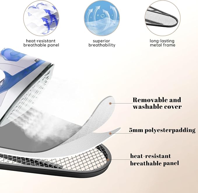 Ironing Board, Compact and Space Saver,Size 13 x 43 | Metal Construction Ironing Boards with Extra Thick Heavy Duty Padded, Stable Structure,Skid Feet, Premium Iron Board (grey)