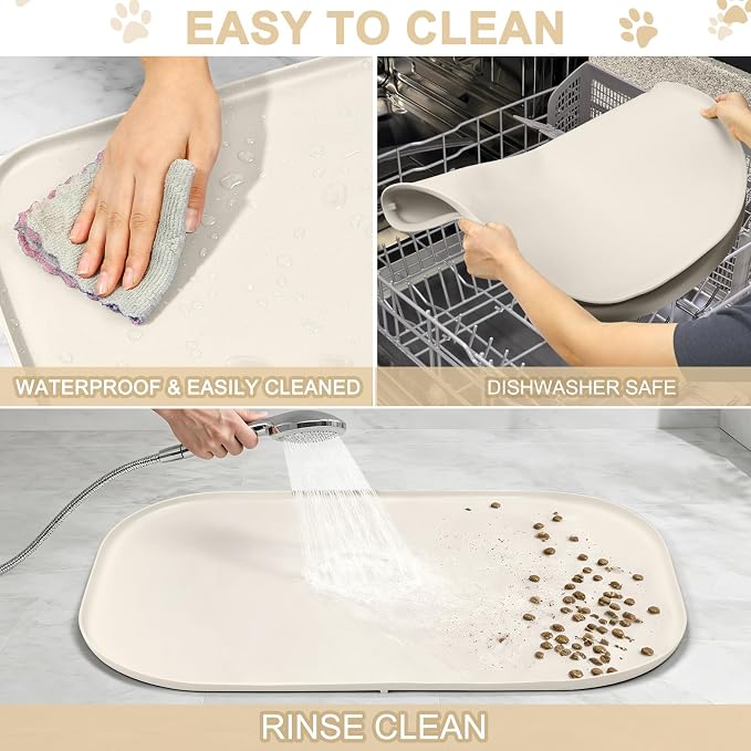 SMILOOL Waterproof Silicone Pet Food Mat with Raised Edge for Dog & Cat | 36" x 24" Non-Slip Large Pet Feeding Mats with Lip for Food & Water Bowl, Food Grade, Easy Cleaning, White Sand