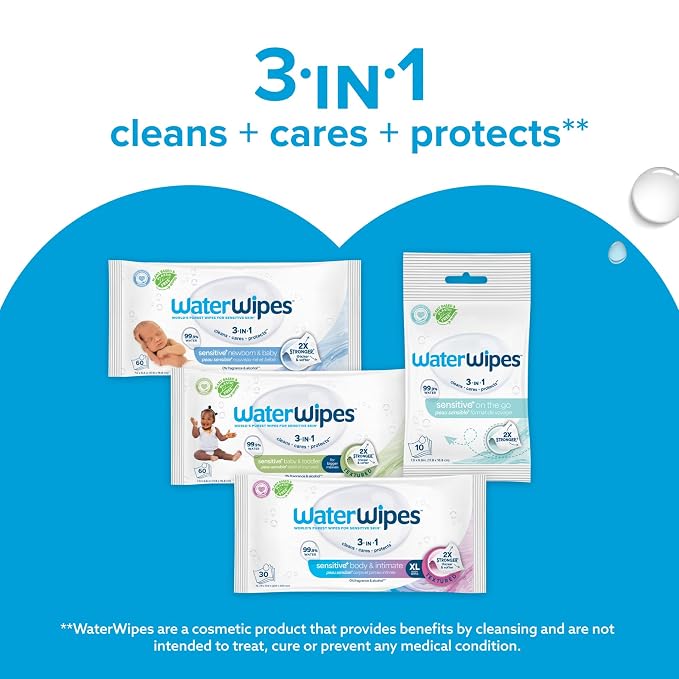 WaterWipes Sensitive+ Newborn & Baby Wipes, 3-In-1 Cleans, Cares, Protects, 99.9% Water, Unscented & Hypoallergenic, 180 Count (3 Packs)