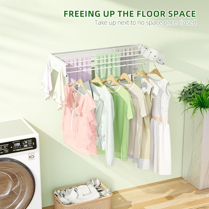 BAKON Wall Mounted Drying Rack 32'', Hidden Clothes Drying Rack for Indoor | Space Saving for Balcony Laundry Room Small Space, 60lbs Capacity, 6 Towel Hooks and 5 Rods, Invisible,Heavy Duty Metal