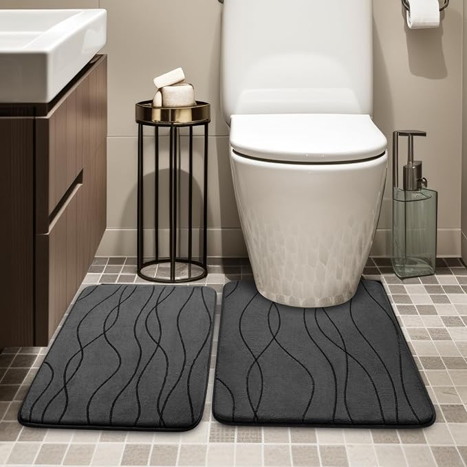 YIHOUSE Bathroom Rugs Set 2 Piece, Memory Foam Bath Mat Dark Grey | U Shaped+Small Mat, Ultra Soft, Absorbent, Non-Slip, Machine Washable, for Bathroom, Sink and Toilet
