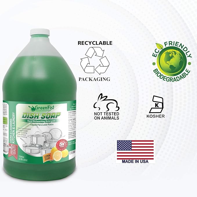 GreenFist Green Dish Soap [ Lemon Scent ] Manual Pot & Pan Professional Detergent Liquid Refill Pot & Pan Dish-Wash, 128 ounce (1 Gallon) 2 Pack