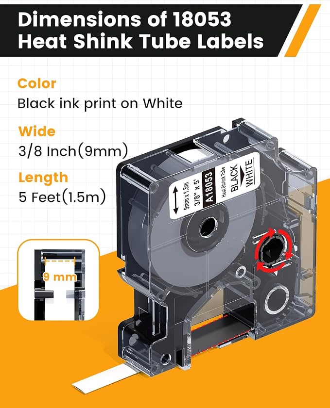 18053 Rhino 5200 Tape Compatible Industrial Heat Shrink Tube Labels 9mm | A18053 Replace for DYMO Heat Shrink Tube Labels Black on White for DYMO Rhino 4200 5000 6000 1000, 3/8" x 4.9', 4-Pack