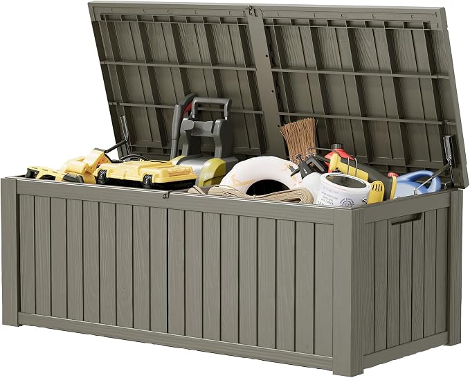 Outdoor Storage Box, 230 Gallon Large Outdoor Resin Deck Box, Storage Waterproof Boxes Lockable Lid for Garden Tools, Pool Supplies, Patio Furniture and Cushions, Grey