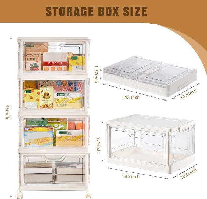 Freebat Collapsible Plastic Storage Bins with Wheels, Clear Stackable Storage Bins with Lid, Stackable Storage Bins with Open Door, Folding Storage Bins Organizer for Closet, Bedroom, Living Room