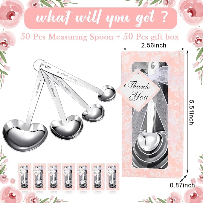 Yinder 50 Sets Heart Measuring Spoons Wedding Favors for Guests with Gift Box and Thank You Card, Bridal Shower Favors Bulk, Kitchen Measuring Spoon Gift Set for Party Souvenirs(Pink)