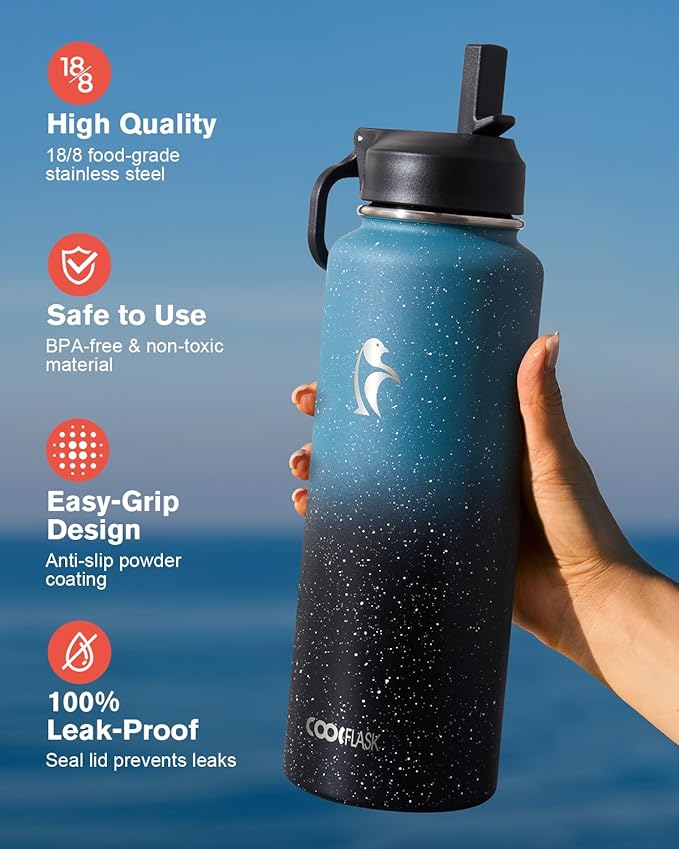 Coolflask Water Bottle 40 oz Insulated with Straw, Stainless Steel Metal 3 Lids Water Flask for Sports or Office, Keep Cold 48H Hot 24H, Turquoise