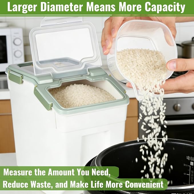 2 Pack Rice Container 50 lbs Large Bulk Flour Sugar Storage Holdhouse Plastic Grain Cereal Dry Goods Bin with Spoon and Measuring Cup for Kitchen Pantry Organization - Green