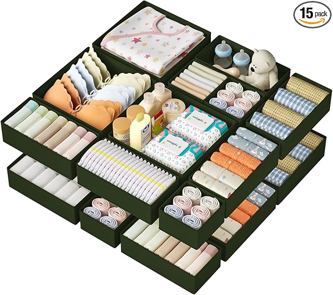DIMJ Drawer Organizer Clothes 15 Pack - Foldable Baby Organizers and Storage & Dresser Organizer for Bedroom, Closet - Nursery Organization Dresser Dividers for underwear, Sock,Bra, Belt, Tie, Green
