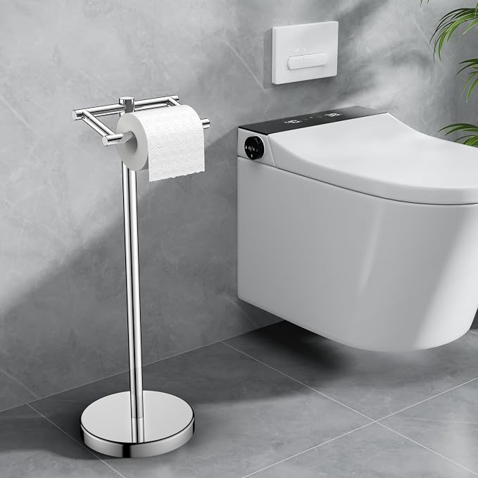 FORIOUS Toilet Paper Holder Wall Mount, Stainless Steel Rustproof Double Post Pivoting Tissue Roll Holder for Bathroom, Commercial Toilet Paper Dispenser Freestanding Toilet Paper Stand, Chrome