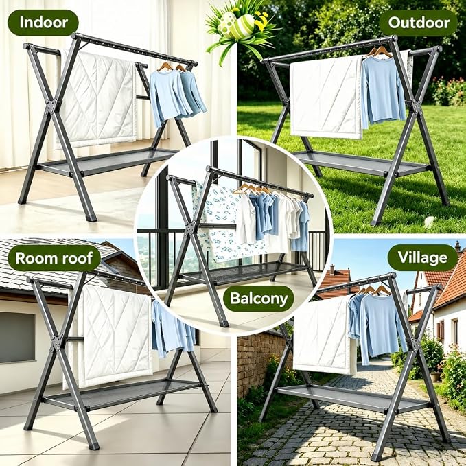 Telescopic Folding Floor Clothes Drying Rack, Thickened Steel Pipe, Household Balcony & Outdoor Clothes Hanging Rod with Drying Net (Large)