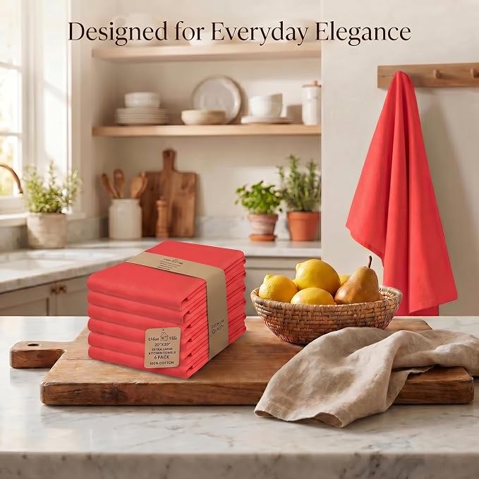Urban Villa Kitchen Towels Cotton Dish Towels 20”x30” (Set of 6) Red