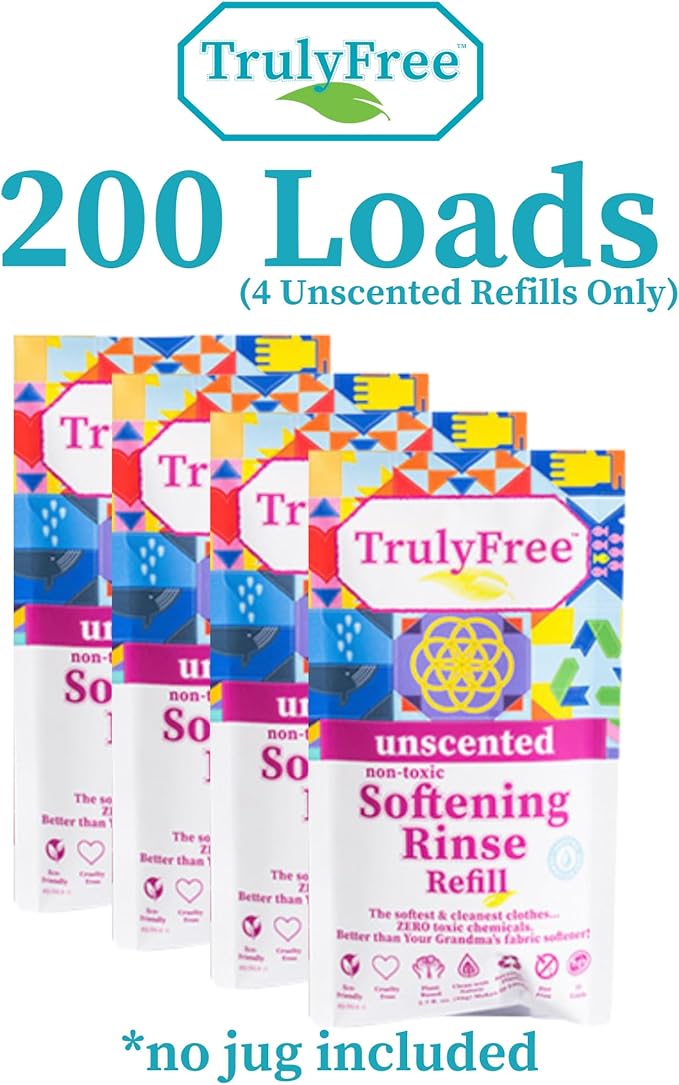 Truly Free Natural Fabric Softener | Non-Toxic for Babies & Kids Sensitive Skin | Plant-Based Laundry Softening Conditioner | Safe, Gentle & Chemical-Free | Unscented | 4 Pack Refill