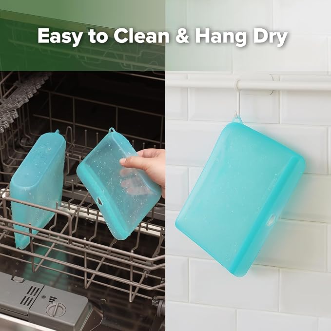 Haakaa Dot Seal Reusable Silicone Food Storage Bags, 2 Pack- Silicone Leakproof Freezer & Sandwich Snack Bags, BPA Free Food Containers, Microwave & Dishwasher Safe, Turquoise (16oz, 33oz)