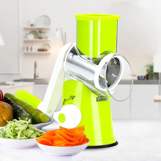 Cambom Rotary Cheese Grater Hand Crank Cheese Shredder for Fresh Cheese, Vegetable, Nuts,Non-slip Suction Base，Three Blades,Green