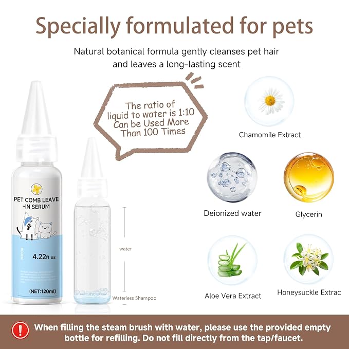 Pet Steam Brush for Dog & Cat - 3-in-1 Steam Grooming Brush for Shedding & Hair Removal - Pet comb leave-inserum with Mist for Long Haired Pets - Includes 2*Waterless Shampoo, Grey
