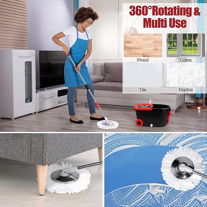 Spin Mop and Bucket with Wringer Set on Wheels, 3 Mop Refills, 61" Handle | 360° Spinning Mop System with Stainless Steel Extended Handle & 3 Microfiber Refills for Floor Cleaning