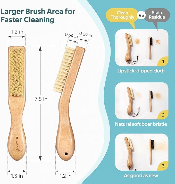 BFWood Laundry Stain Brush, Natural Soft Boar Bristle for Scrubbing Out Tough Stains on Delicate Fabrics, Knits, Cotton, Linens, No Damage