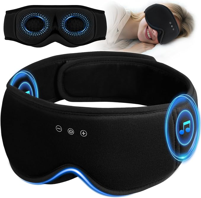 3D Bamboo Cotton Sleep Mask with Bluetooth 5.4 Headphone, Music Wireless Bluetooth Blackout Eye Mask for Side Sleepers, Earphones HD Speaker Microphone for Travel, Gifts for Women Men, Black