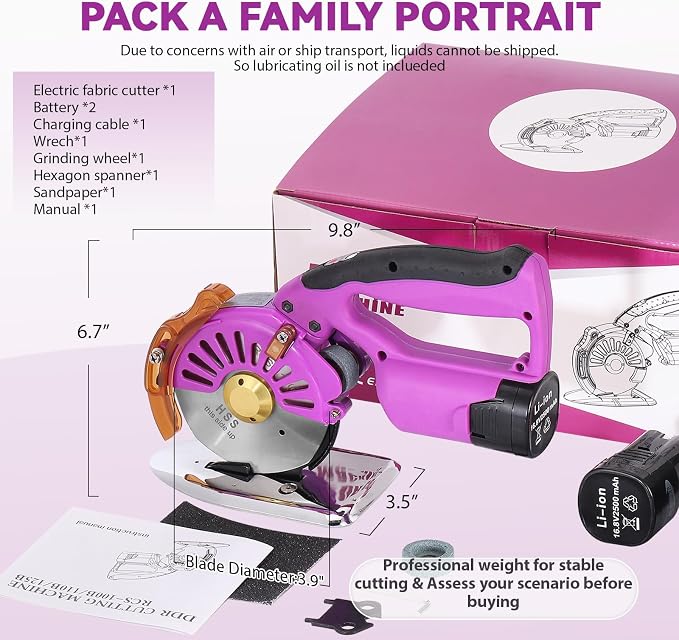 BAOSHISHAN Cordless & Rechargeable Electric Fabric Rotary, Adjustable Speed | ﻿2 x 2500mAh Battery, Round Blade Fabric Cutting Machine for ≤1.06" Thickness Multilayer Fabric Leather Cloth Carpet (Purple)