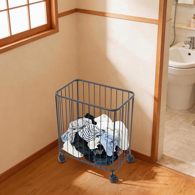 Rolling Laundry Basket with Wheels, Rectangular Metal Laundry Hamper, Large-size Dirty Clothes Basket, Versatile Portable Hollow-out Storage Basket for Home, 15.7"×9.8"×15.7" (Black-R)