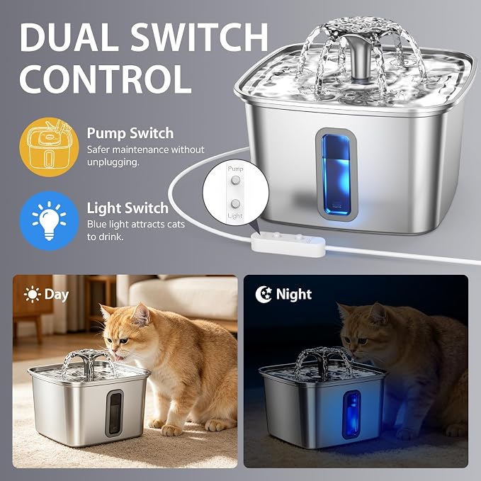 Veken Innovation Award Winner Stainless Steel Cat Water Fountain, 108oz | Automatic Pet Fountain Dog Water Dispenser with 3 Replacement Filters & Silicone Mat, Gifts for Cats, Dogs (Silver)