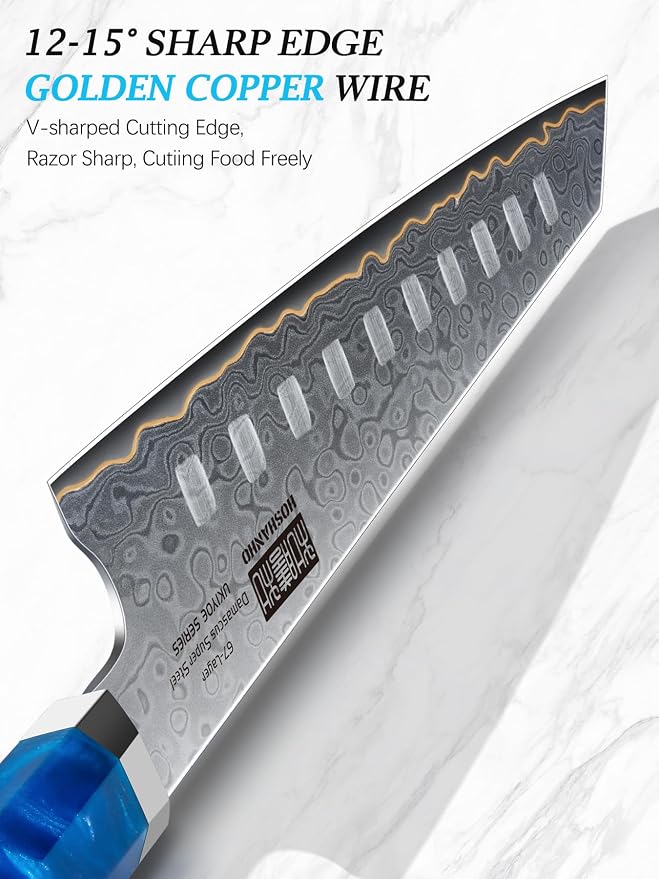 HOSHANHO 7" Damascus Santoku Knife, 67-Layer Damascus Kitchen Chef Knife | Ultra Sharp Professional Kitchen Knives with Ergonomic Blue Resin Stabilized Wood Handle and Wood Gift Box