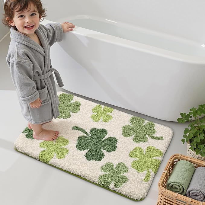 LUMI Bath mats for Bathroom, 16"x24" Non Slip Absorbent Soft Bath Mat, Washable Low Profile Bathroom Rug, Ideal for Shower, Tub, Clover