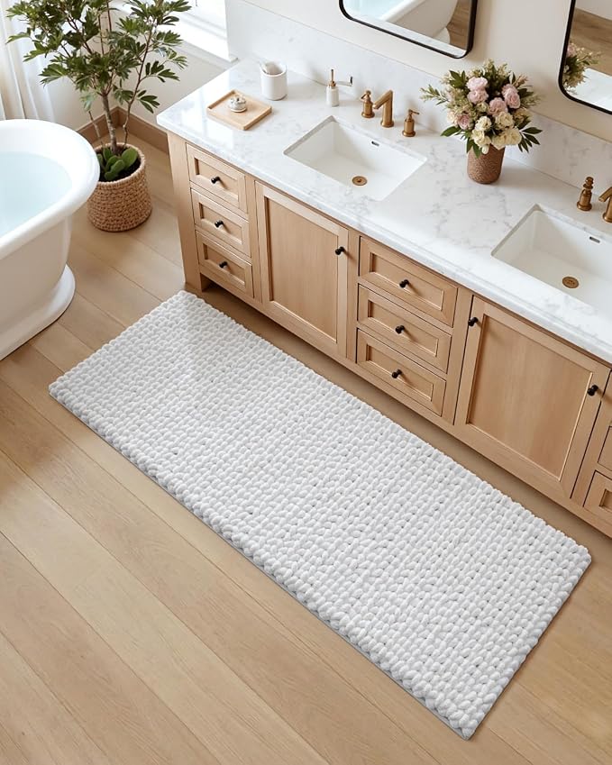 DEXI Bathroom Runner Rugs 60x24, Non Slip Washable Long Bath Mat, Luxury Chenille Super Absorbent Ultra Thick Bathmats for Shower Floor, Plush Fluffy Shaggy Carpet for Tub, White