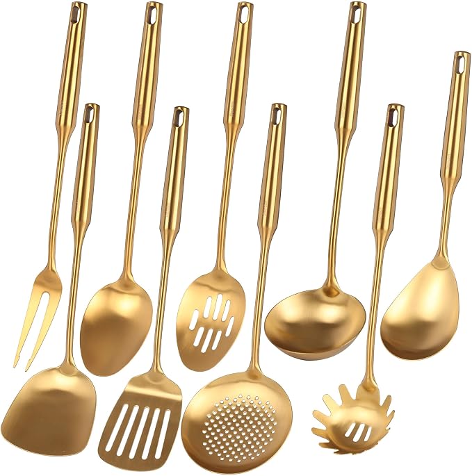 Gold Kitchen Utensils Set - 15" All Metal Cooking Tools Set of 9 | 18/10 Stainless Steel Cooking Utensils - Fork, Solid/Slotted Spoon, Spatula, Ladle, Skimmer, Turner, Pasta Spoon, Large Spoon