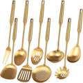 Gold Kitchen Utensils Set - 15" All Metal Cooking Tools Set of 9 | 18/10 Stainless Steel Cooking Utensils - Fork, Solid/Slotted Spoon, Spatula, Ladle, Skimmer, Turner, Pasta Spoon, Large Spoon