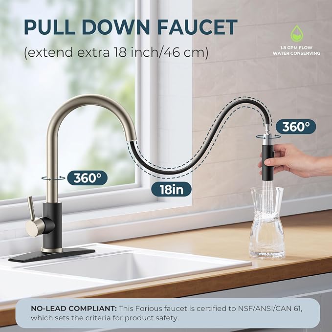 FORIOUS Kitchen Faucet with Pull Down Sprayer, High Arc Modern Classic Sink Faucet Stainless Steel with Deck Plate Fit for 1 or 3 Hole for Pot Filler Bar Farmhouse Laundry Rv, Black Brushed