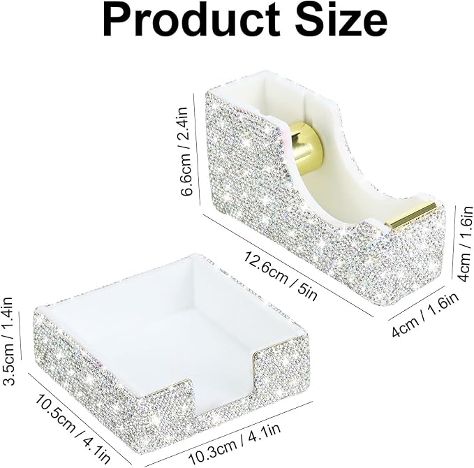 Buqoo 2 PCS Bling Crystal Handmade Diamond Sticky Note Holder and Tape Dispenser Office Supplies Dazzling Rhinestone Bling Desk Accessories for Women Office (Silver)