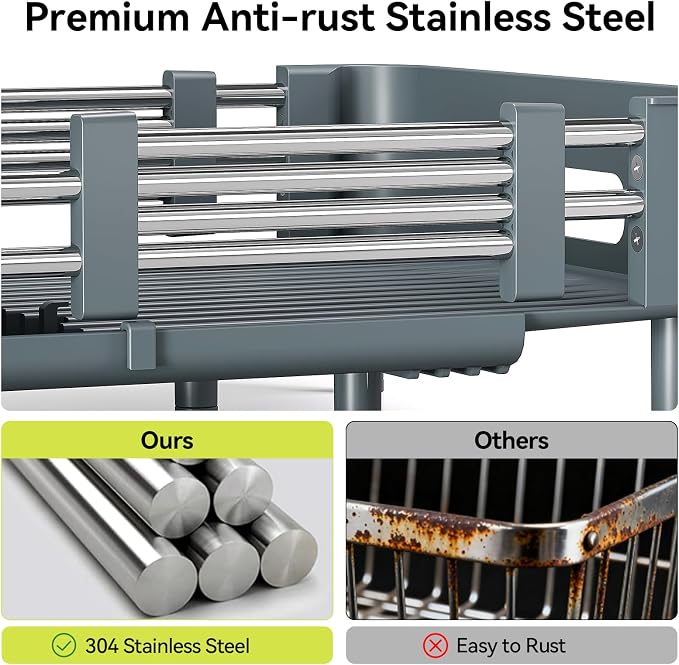 Urackify Stainless Steel Dish Drying Rack - Dish Drainer for Kitchen Counter, Extendable Drainboard with Foldable, Space-Saving Cup & Bowl Organizer, Includes Knife and Utensil Holder, Matte-Green