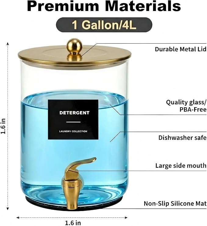 Glass Laundry Detergent Dispenser,1 Gallon Large Liquid Soap 1Pack(Gold) | Complete borosilicate jars set with leakproof spigots, protective silicone mats, minimalist labels, and dosing cups.