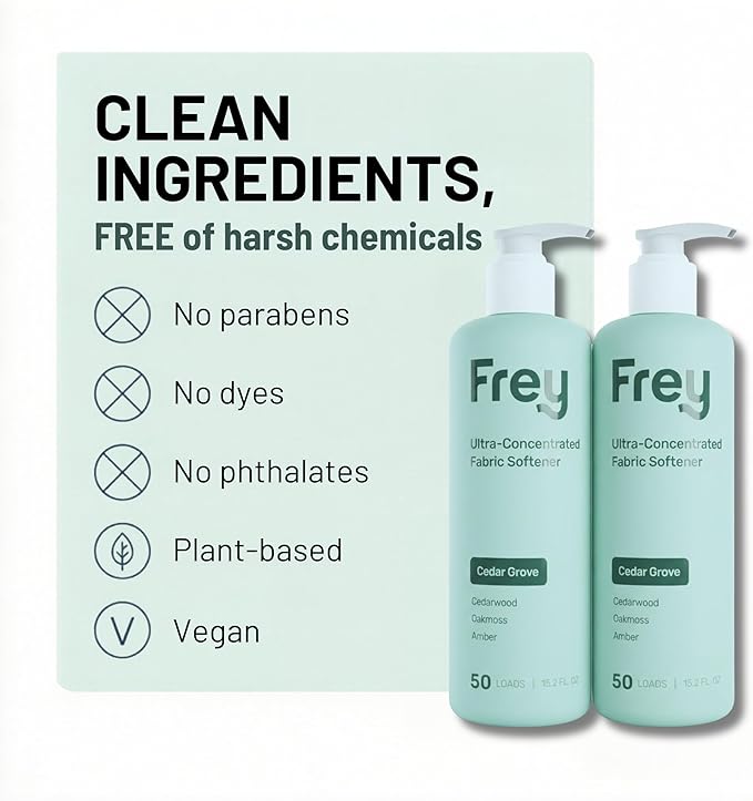 FREY Natural Liquid Fabric Softener and Conditioner | HE Laundry Softener for All Machines | Plant-Powered Eco Friendly Formula | 2-Pack, Cedar Grove