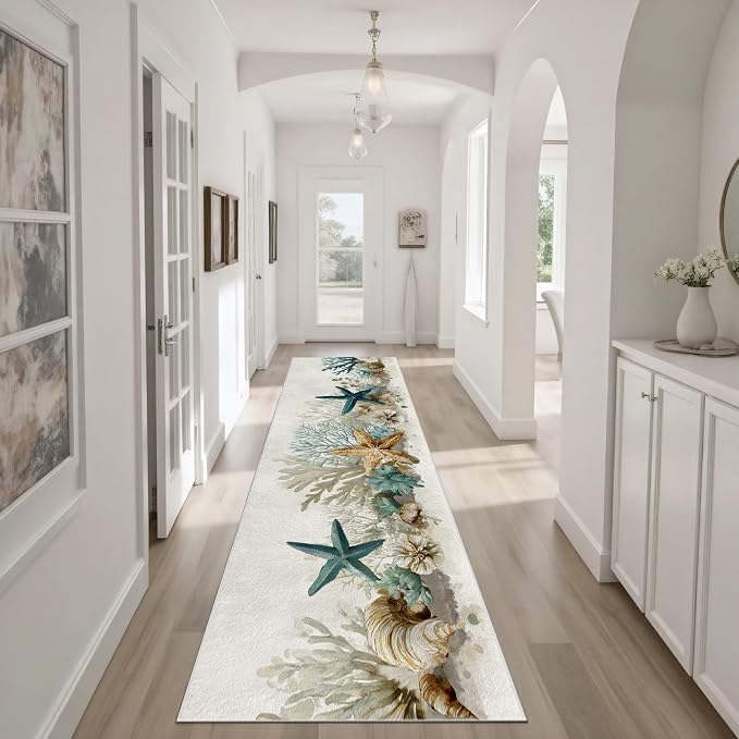 Starfish Coral Washable Runner Rug 2.6x7 - Ocean Seaside Entryway Rug, Ultra-Thin Kitchen Rugs, Marine Life Anti Slip Runner Rugs for Entrance Laundry Room Corridor Bedroom