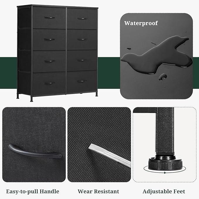 8-Drawer Dresser for Bedroom, Anti-Tip Tall Storage Organizer Chest of Drawers with Wooden Top and Metal Frame Fabric Bins for Closet, Living Room, Hallway, Entryway, Black