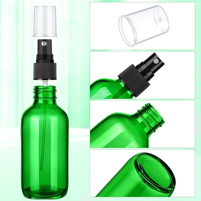 Nuogo 50 Pieces Mini Glass Spray Bottles Bulk 4 Oz Fine Mist Bottles with Funnel Dropper and Cleaning Brush Refillable for Essential Oils, Perfumes and Aromatherapy(Green)