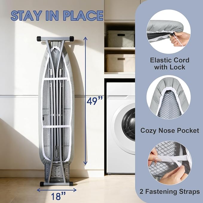 Ironing Board Cover and Pad, Extra Wide, 18" x 49", Sliver | Aluminum Coating, Thick Scorch & Stain Resistant Padding, Heavy Duty Iron Board Cover with Elastic Edge, Adjustable Fastener