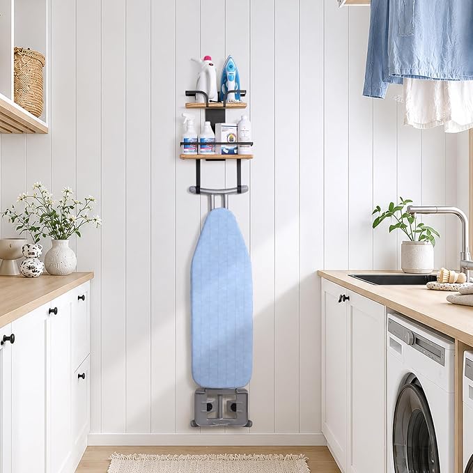 VINAEMO Ironing Board Hanger Wall Mount, 2-Layer Laundry Room Organizer | Iron and Ironing Board Holder for T&Y-Leg Iron Boards, Heavy Duty Laundry Room Storage Shelves, Large Laundry Organization